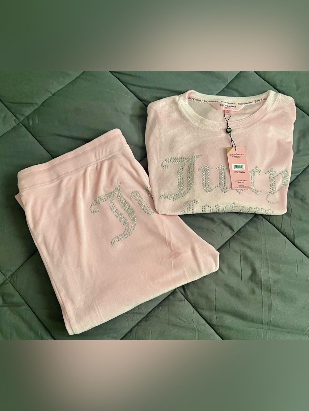 JUICY COUTURE NWT 2pc Velour Crew Neck Top And Pants Lounge Set With Rhinestone - Picture 3 of 5